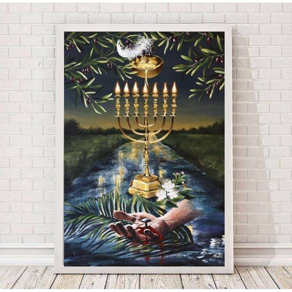 Quadro Decorativo Judaísmo 33x24cm - Moldura Madeira Branca