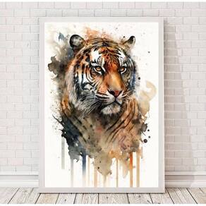 Quadro Tigre Aquarela 45x34cm Moldura Branca
