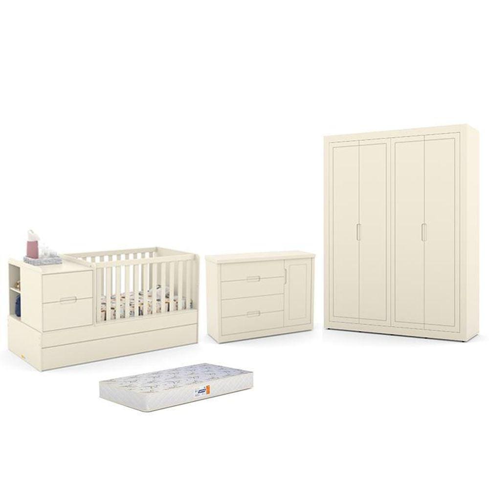 Dormitório Completo Infantil Tutto New 4 Portas, Cômoda, Berço Multifuncional Formare e Colchão D18 - Matic Móveis