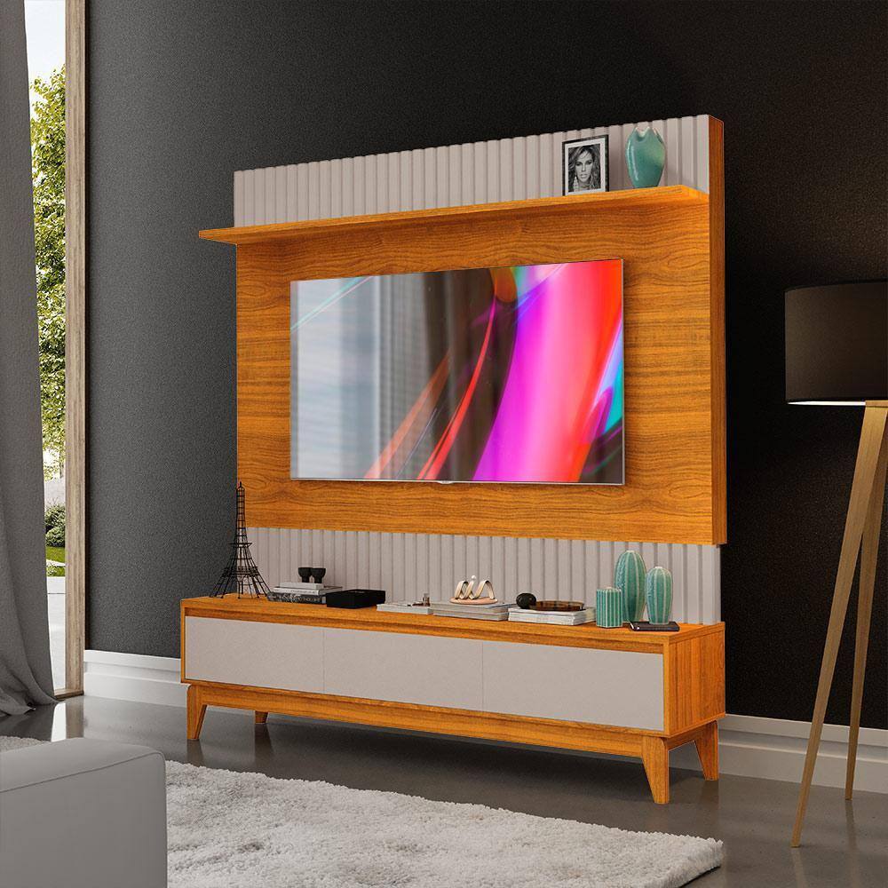 Painel Home Ripado Para Tv Até 75 Polegadas Freijó Mani Antalya Luapa Móveis - Marrom