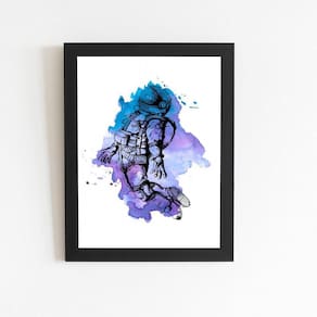 Astronauta Roxa Minimalista Quadro Moldura Preta 60X40Cm