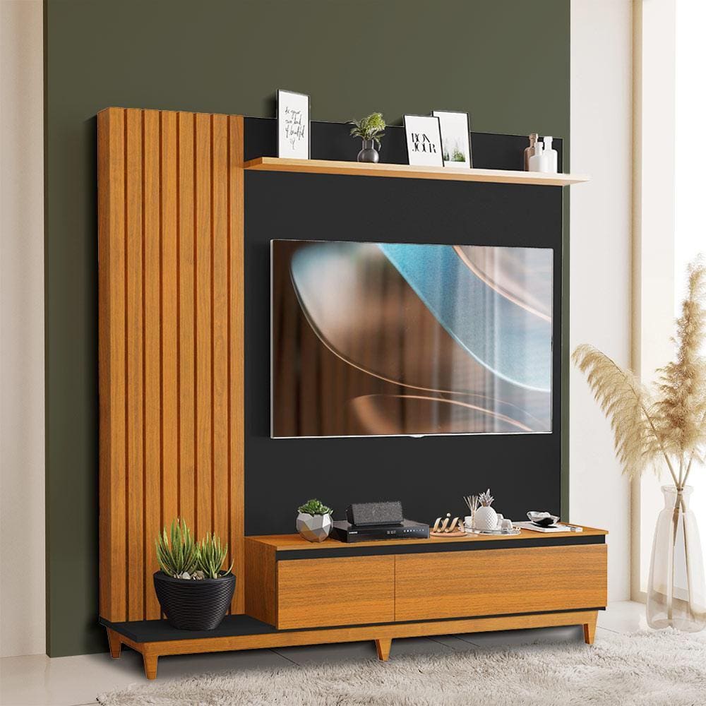Painel Home Ripado 100% MDF Para Tv De Até 65 Polegadas Preto Freijó Tilas Shop - Preto