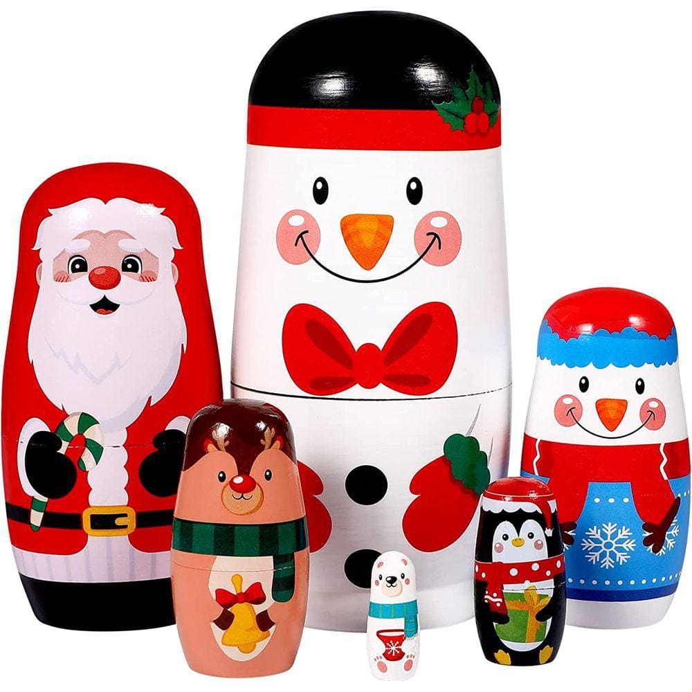 6 PCes Natal Bonecas de Aninhamento Handmade Wood Stacking Dolls