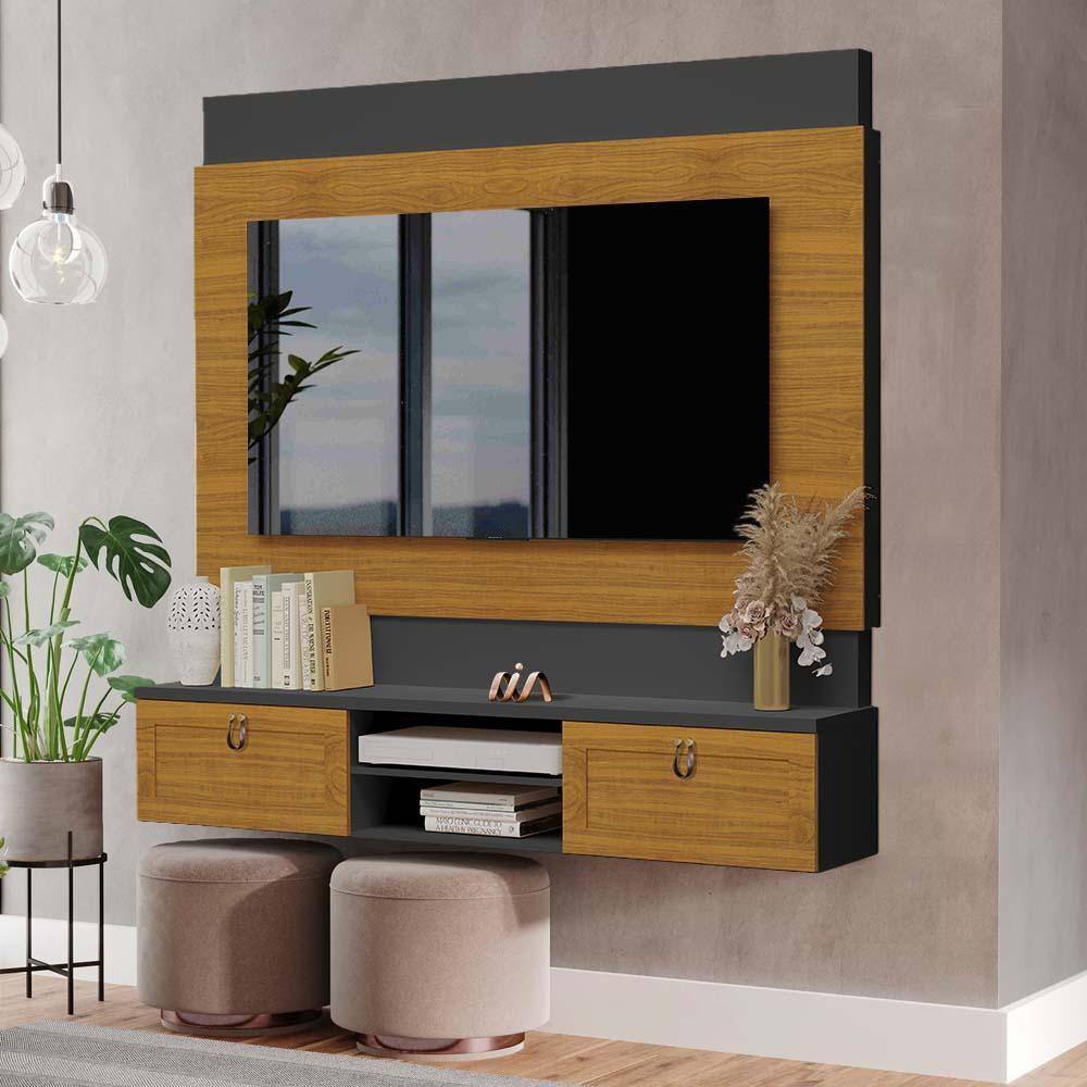 Painel Para Sala Tv Até 75 Polegadas Com Porta Basculante Freijó Preto Nash Shop Jm - Marrom