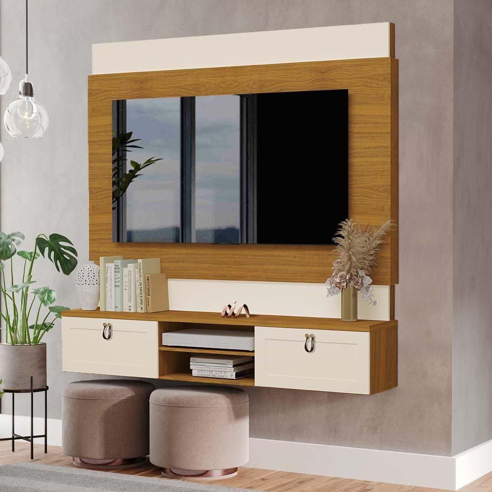 Painel Para Sala Tv Até 75 Polegadas Com Porta Basculante Freijó Off White Nash Shop Jm - Marrom