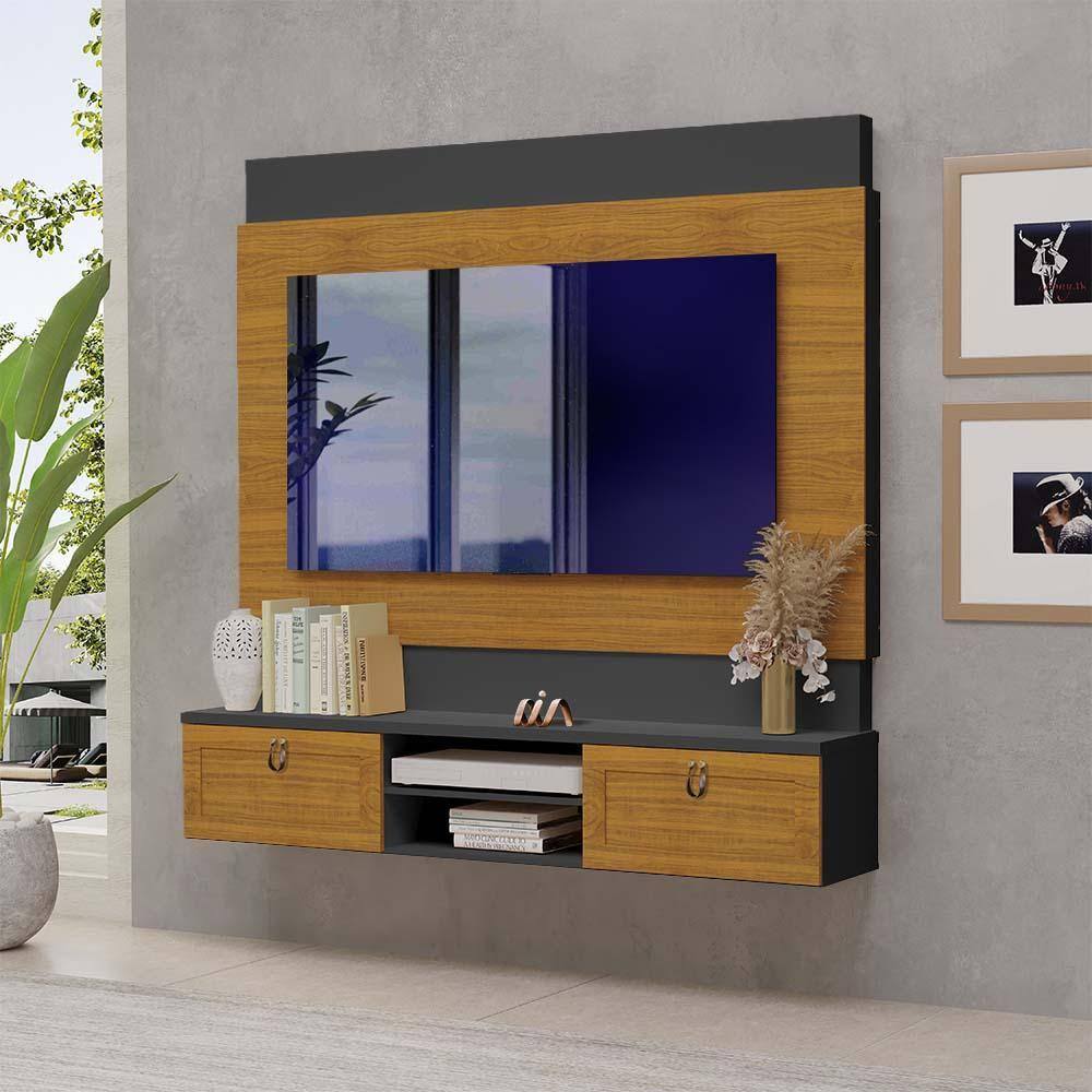 Painel Suspenso Tv Até 75 Polegadas Com Porta Basculante Freijó Preto Krabi Luapa Móveis - Marrom