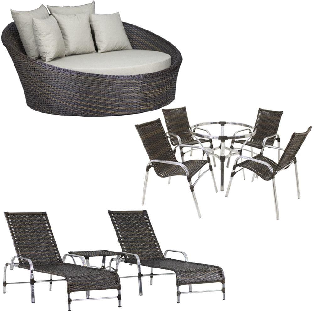 Kit 4 Cadeiras e Mesa 2 Espreguiçadeiras 1 Chaise Alumínio Trama