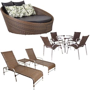 Kit 4 Cadeiras e Mesa 2 Espreguiçadeiras 1 Chaise Alumínio Trama