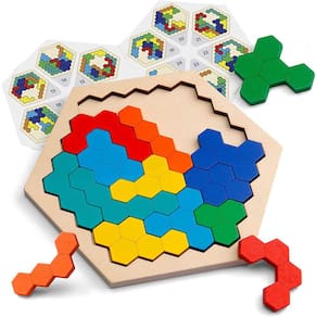 Quebra-cabeça hexagon de madeira para adultos infantis - bloco de padrão de forma
