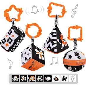 Conjuntos de formas de alto contraste, brinquedos de bebê, brinquedo de carrinho preto e branco para assento de carro, anéis de chocalhos de pelúcia