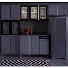 Armário de Cozinha Aéreo 3 Portas Vidro Diamante Telasul Branco/Preto