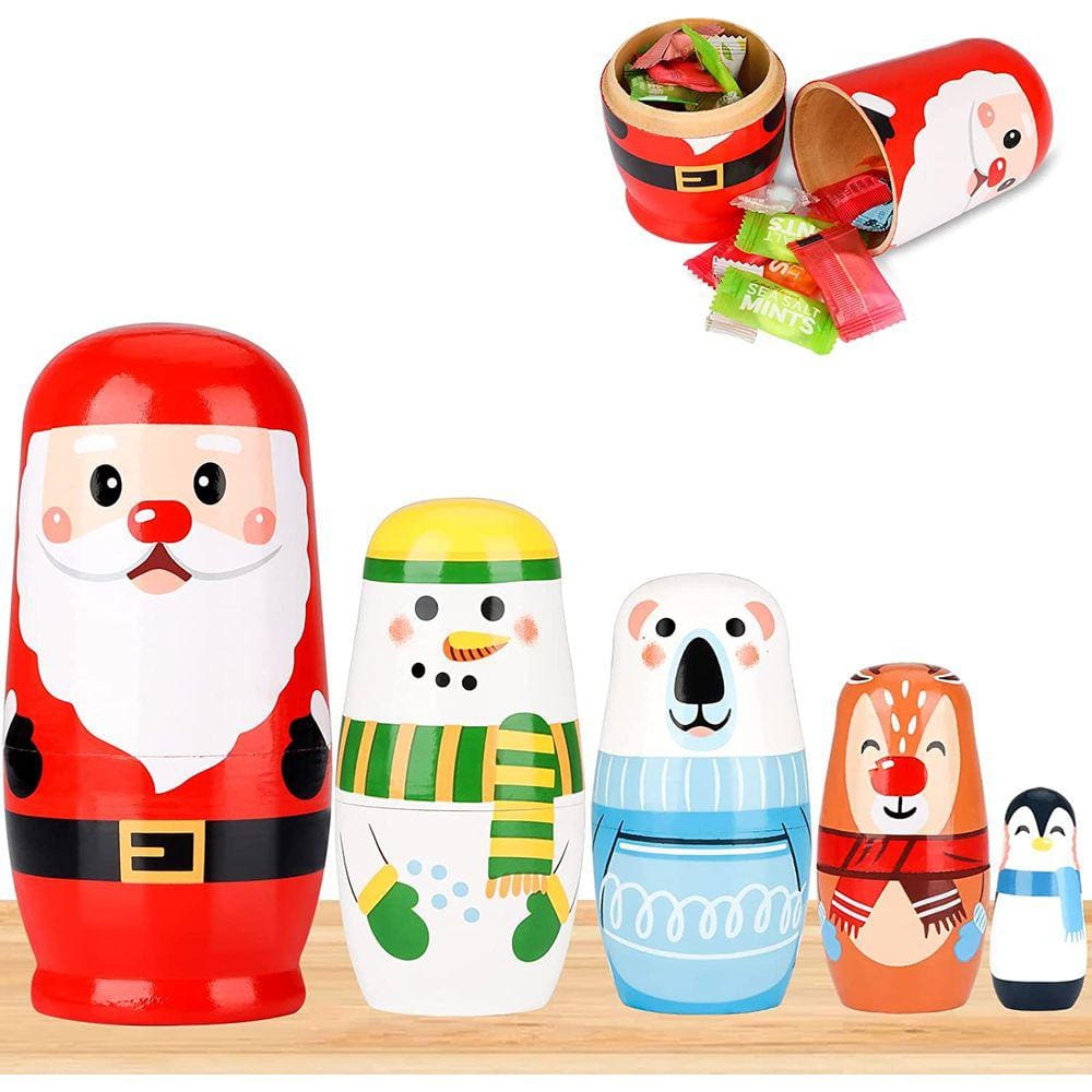 Bonecas de nidificação de Natal, 5Pcs Madeira russa Matryoshka Doll