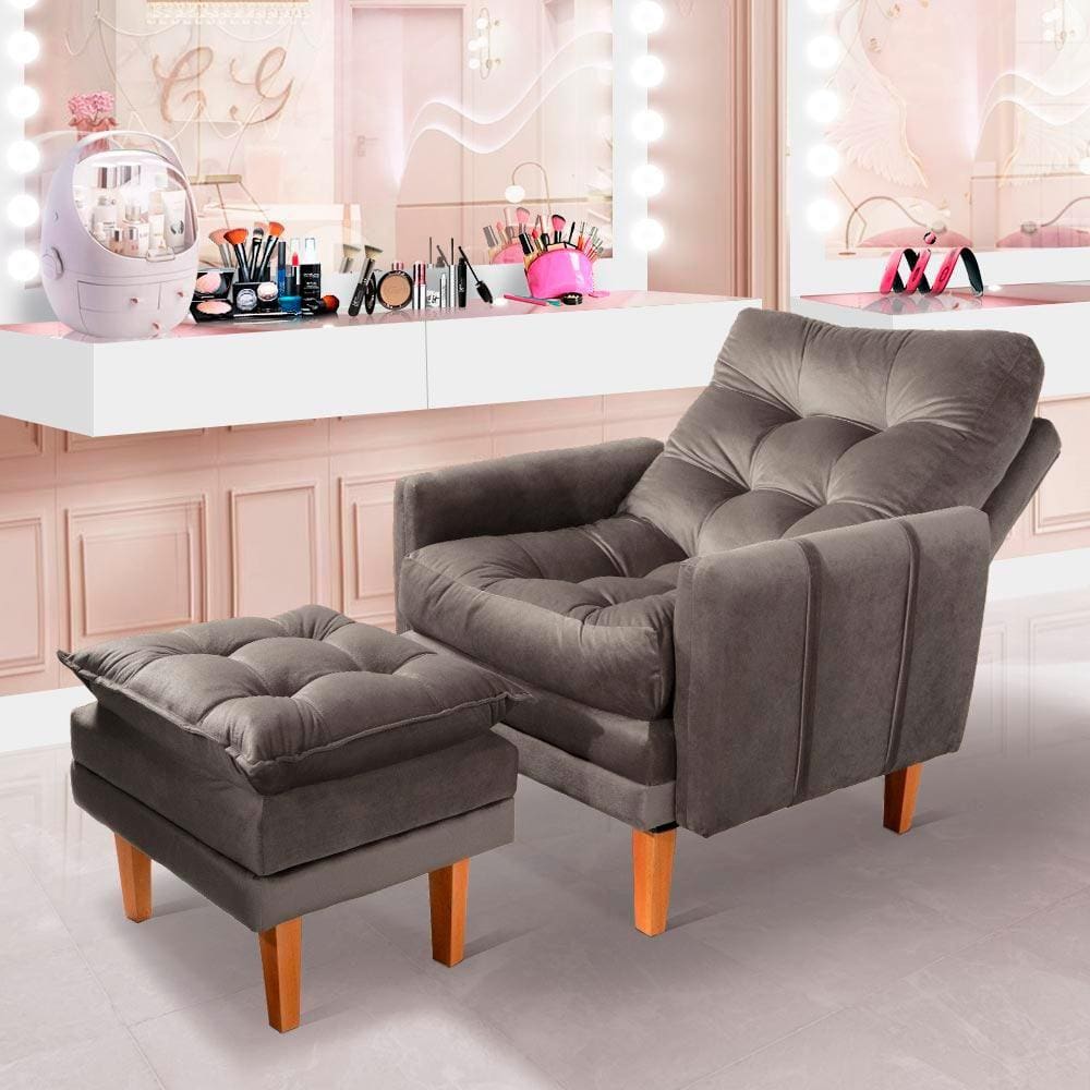 Poltrona Para Maquiagem Com Puff Veludo Bege Veneza Boutique Konforto