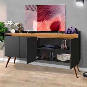 Rack Para TV Retrô 60 Polegadas 4 Portas Preto Marrom Gold Primus