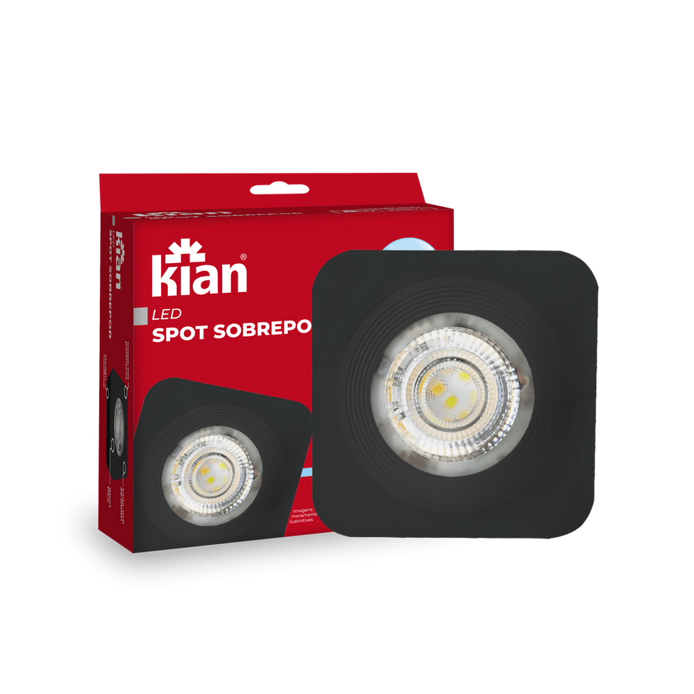 Kit 6 Spot LED Sobrepor Quadrado Preto 5W 3000K Branca Quente Bivolt Kian