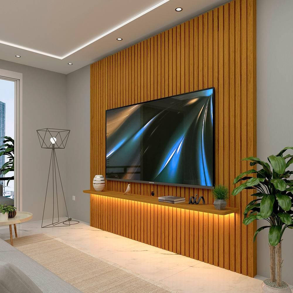 Painel Ripado Para TV Até 75 Polegadas Com LED Naturale Nobre Gelius