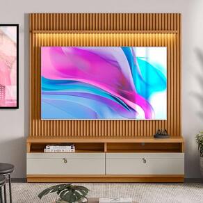 Rack com Painel Ripado Ouro Preto Nature Off White Linea
