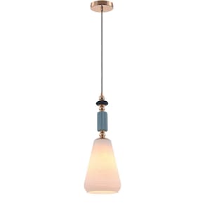 Pendente Dourado Cerâmica Azul e Vidro Branco 43cm 1E27