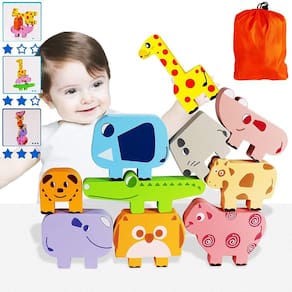 Blocos de madeira empilháveis Brinquedos com mais de 18 meses de idade, 10 Montessori Animals Stacker Building Puzzle com 10 unidades de cartões de ní