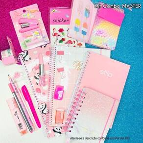 Kit Papelaria Combo Master Rosa Caneta Caderno