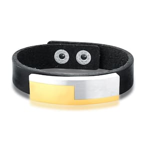 Pulseira Masculina Em Courino Preto E Placa Trabalhada Em