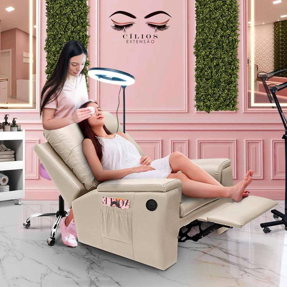 Poltrona Para Extensão De Cílios Reclinável Automática Corino Palha Sol Shop JM - Palha