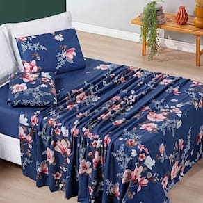 Jogo Cama Lençol Celi King Micropercal 200 Fios 4 Peças - Azul Marinho Floral