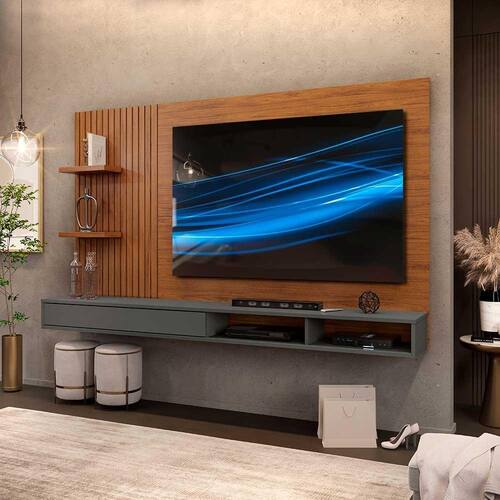 Painel TV Sala Até 60 Polegadas Ripado Freijó Cinza Urbano Bento DJ Móveis - Marrom