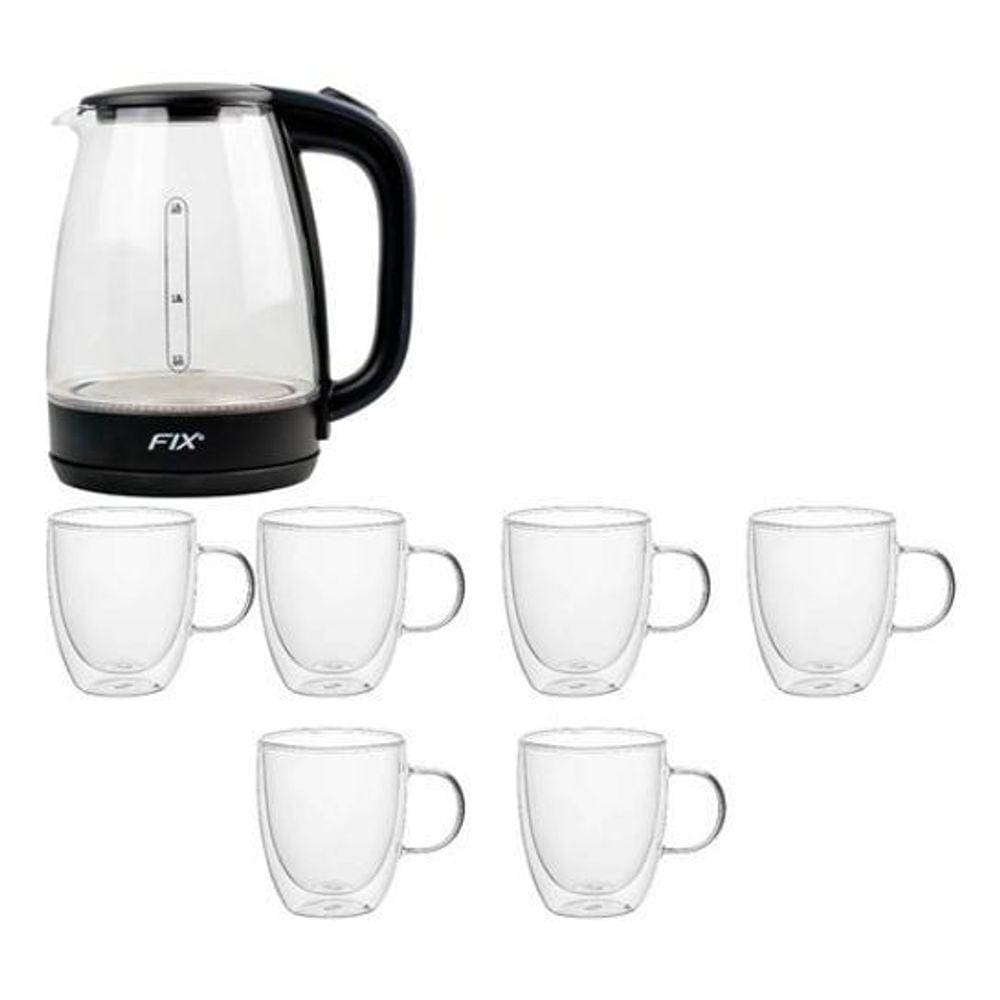 Jarra Elétrica + 6 Canecas Duplo Vidro 1,8L/350ml