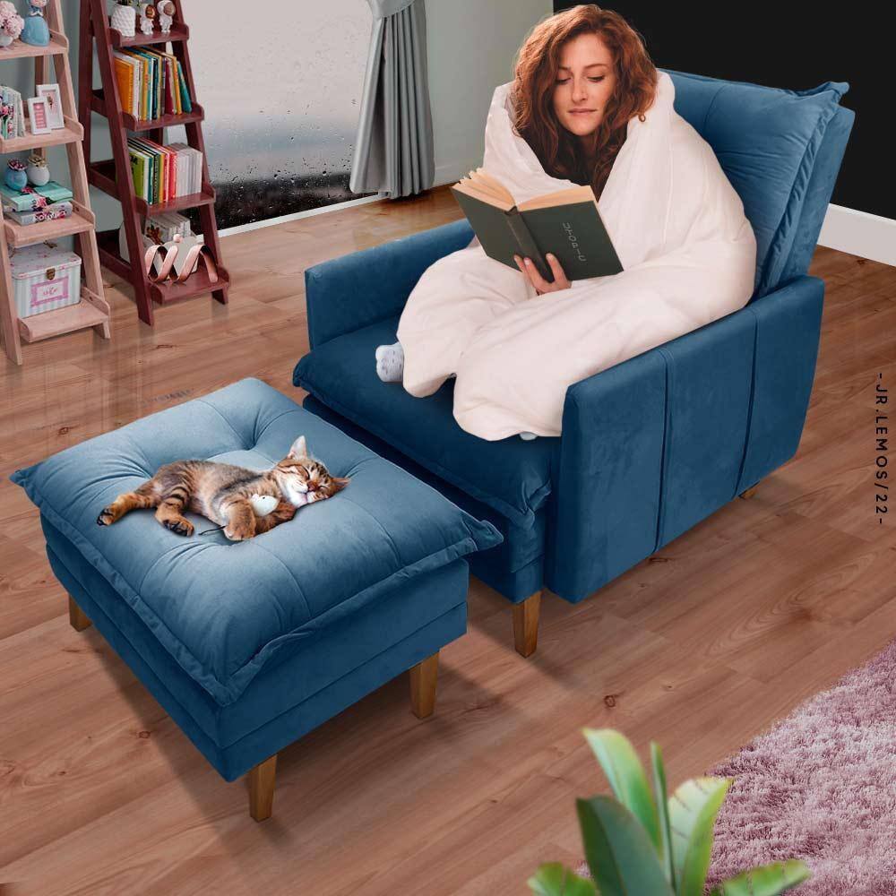 Poltrona Para Leitura Reclinável Com Puff Veludo Azul Polonia Shop JM - Azul Marinho