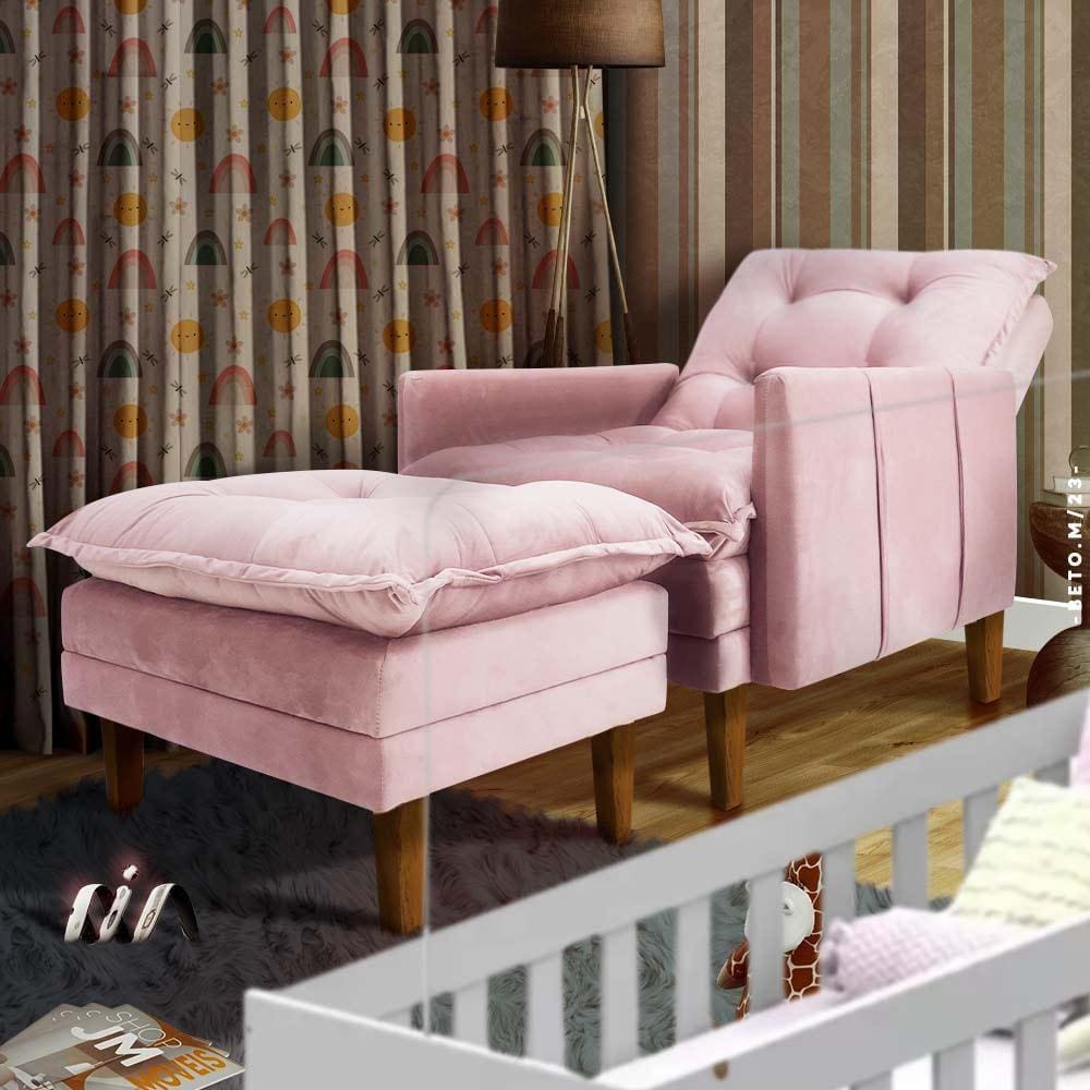 Poltrona De Amamentação Reclinável Com Puff Veludo Rose Laurent Shop JM - Rosê