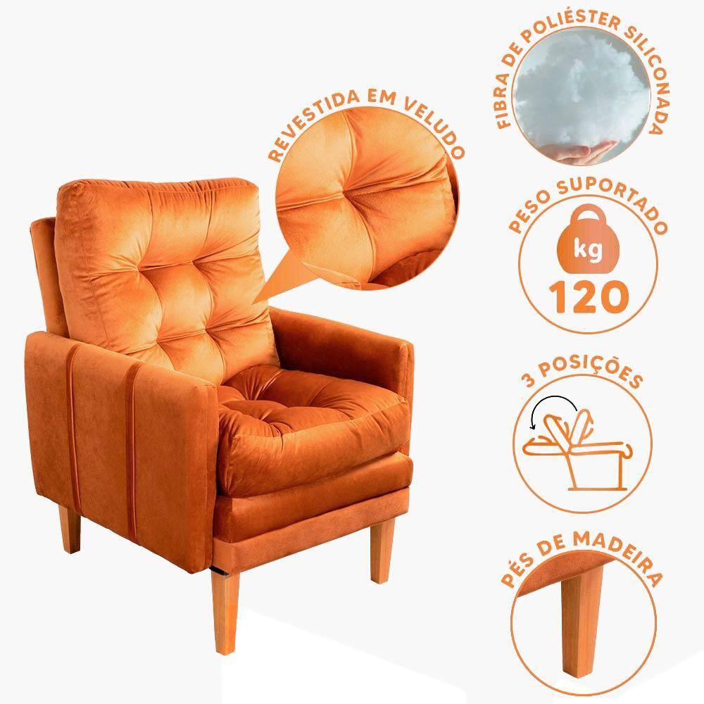 Poltrona De Descanso Com Puff Veludo Laranja Veneza Shop JM - Laranja