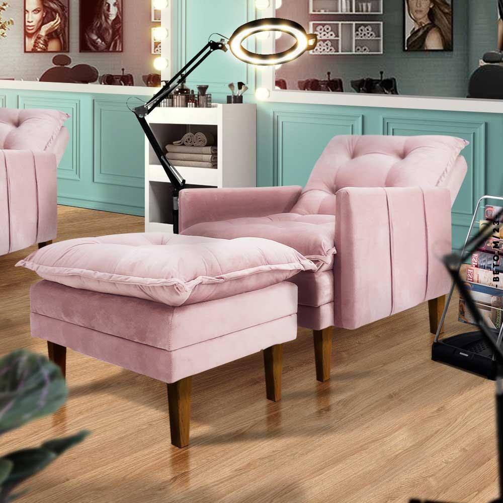 Poltrona Para Maquiagem Com Puff Veludo Rose Saint Shop JM - Rosê