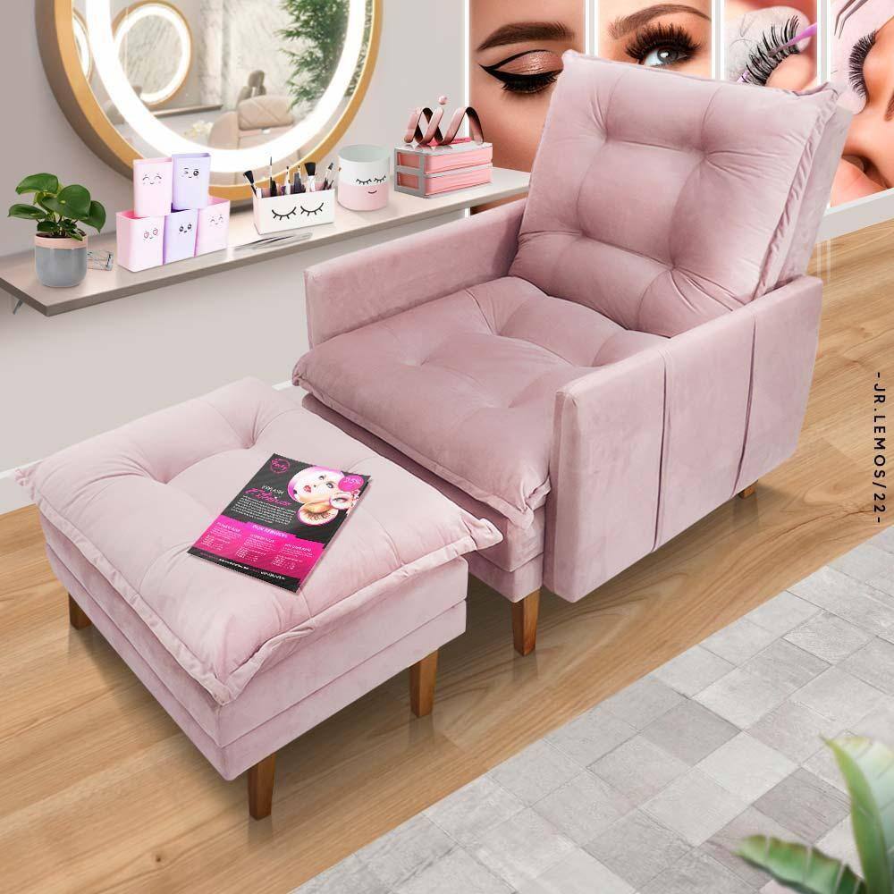 Poltrona Para Extensão De Cílios Com Puff Veludo Rose Amsterdã Shop JM - Rosê
