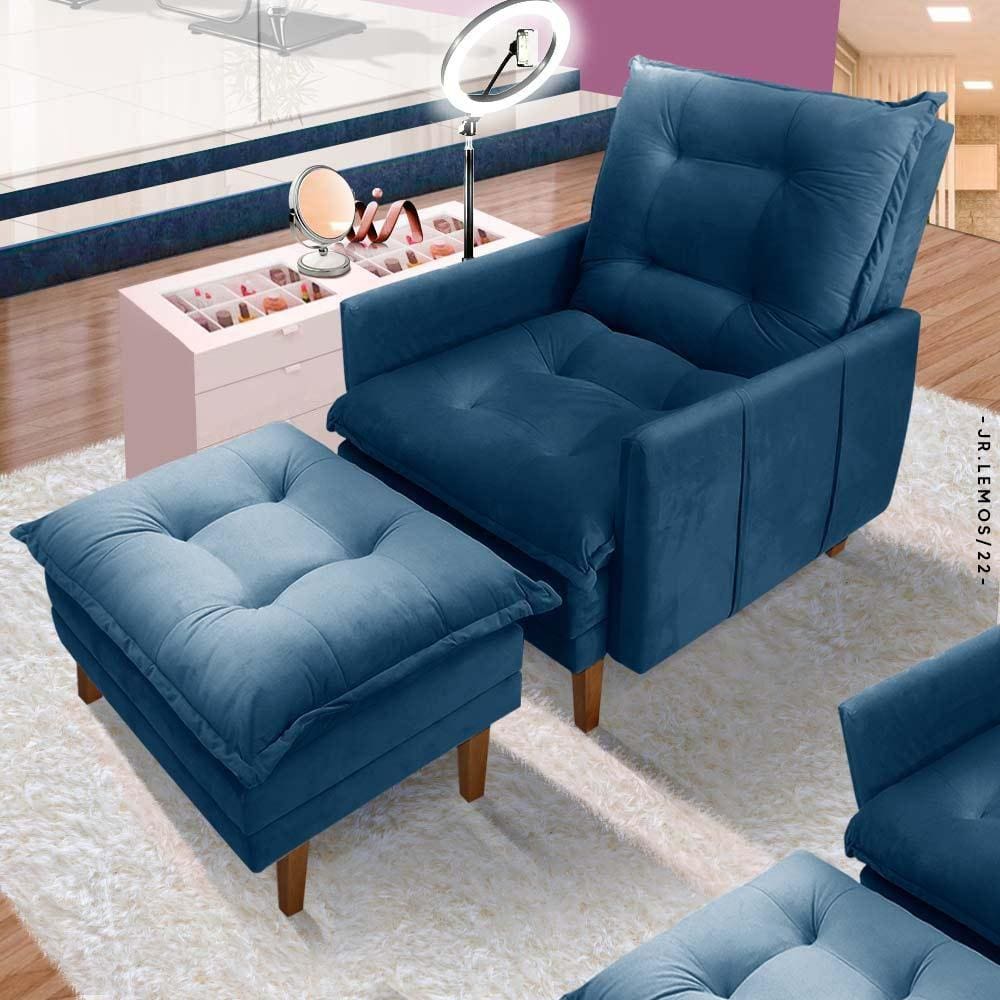 Poltrona Para Maquiagem Com Puff Veludo Azul Alemanha Shop JM - Azul Marinho