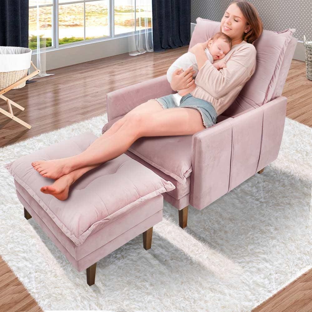 Poltrona De Amamentação Reclinável Com Puff Veludo Rose Argentina Shop JM - Rosê