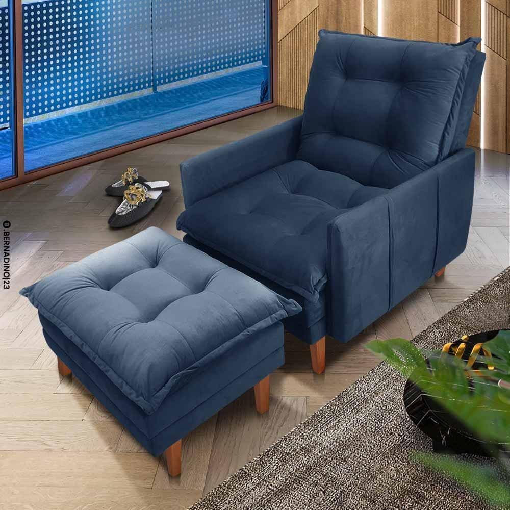 Poltrona Confortável Com Puff Veludo Azul Katrina Shop JM - Azul Marinho