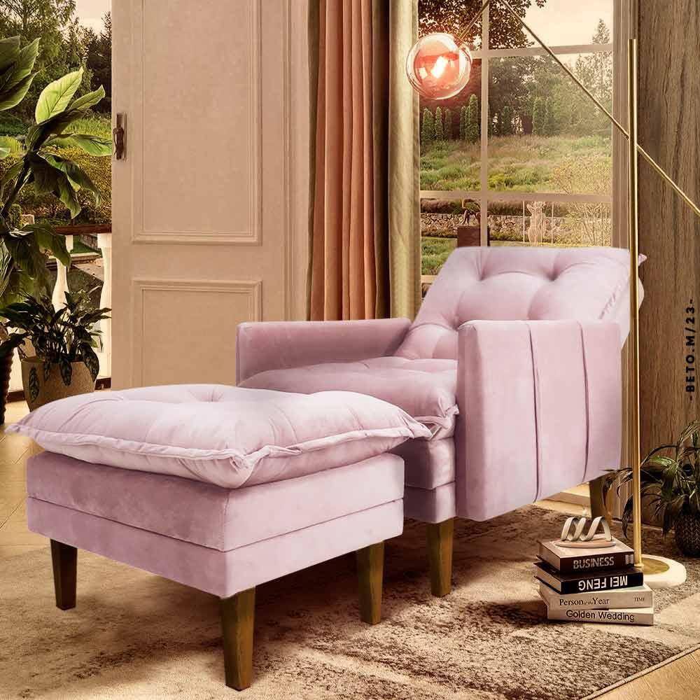 Poltrona Reclinável Com Puff Veludo Rose Inter Shop JM - Rosê