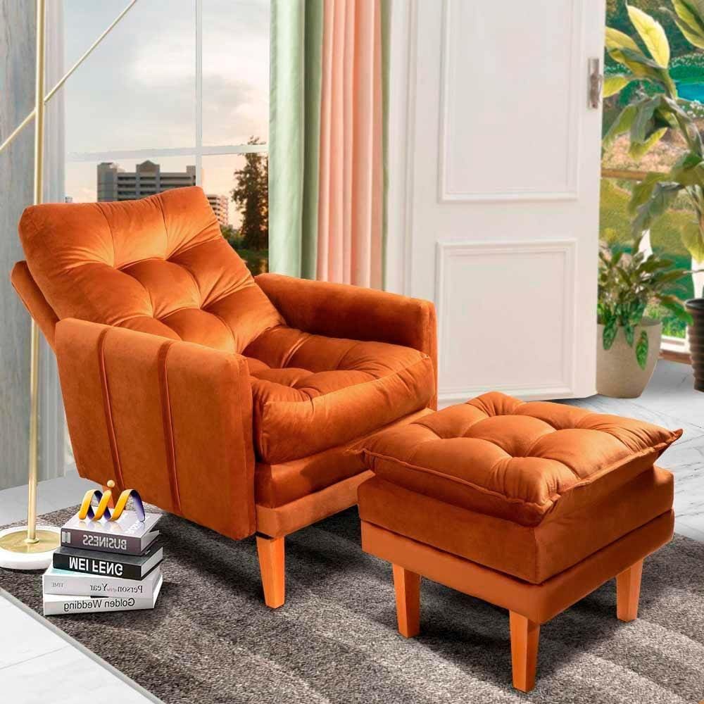 Poltrona Com Puff Veludo Laranja Veneza Boutique Konforto - Laranja