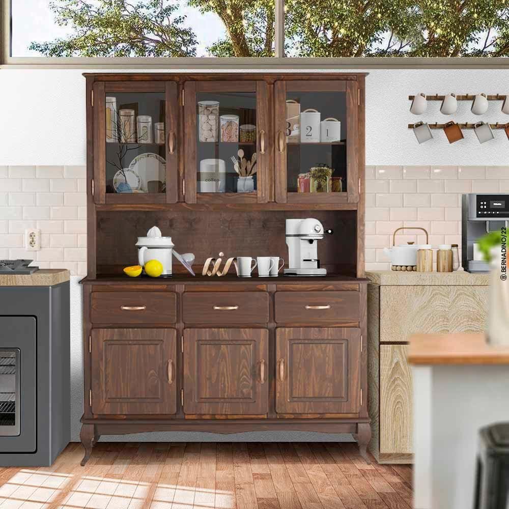 Armário De Cozinha Rústico Madeira Maciça Portas Em Vidro Imbuia Shop JM