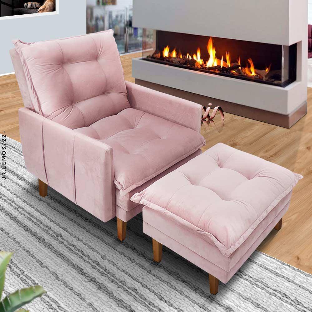 Poltrona Reclinável Com Puff Veludo Rose California Shop JM - Rosê