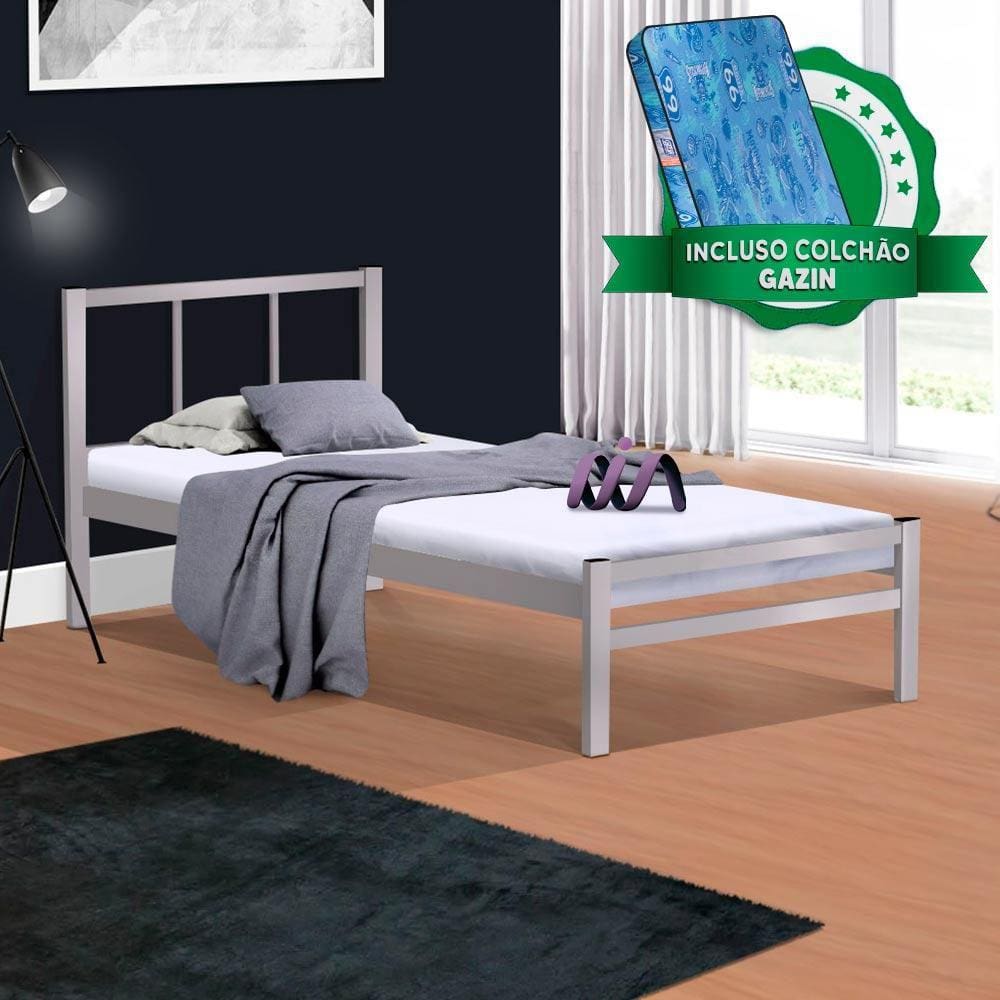 Cama De Ferro Solteiro Tubular Cinza Lais Primoart Com Colchão Gazin