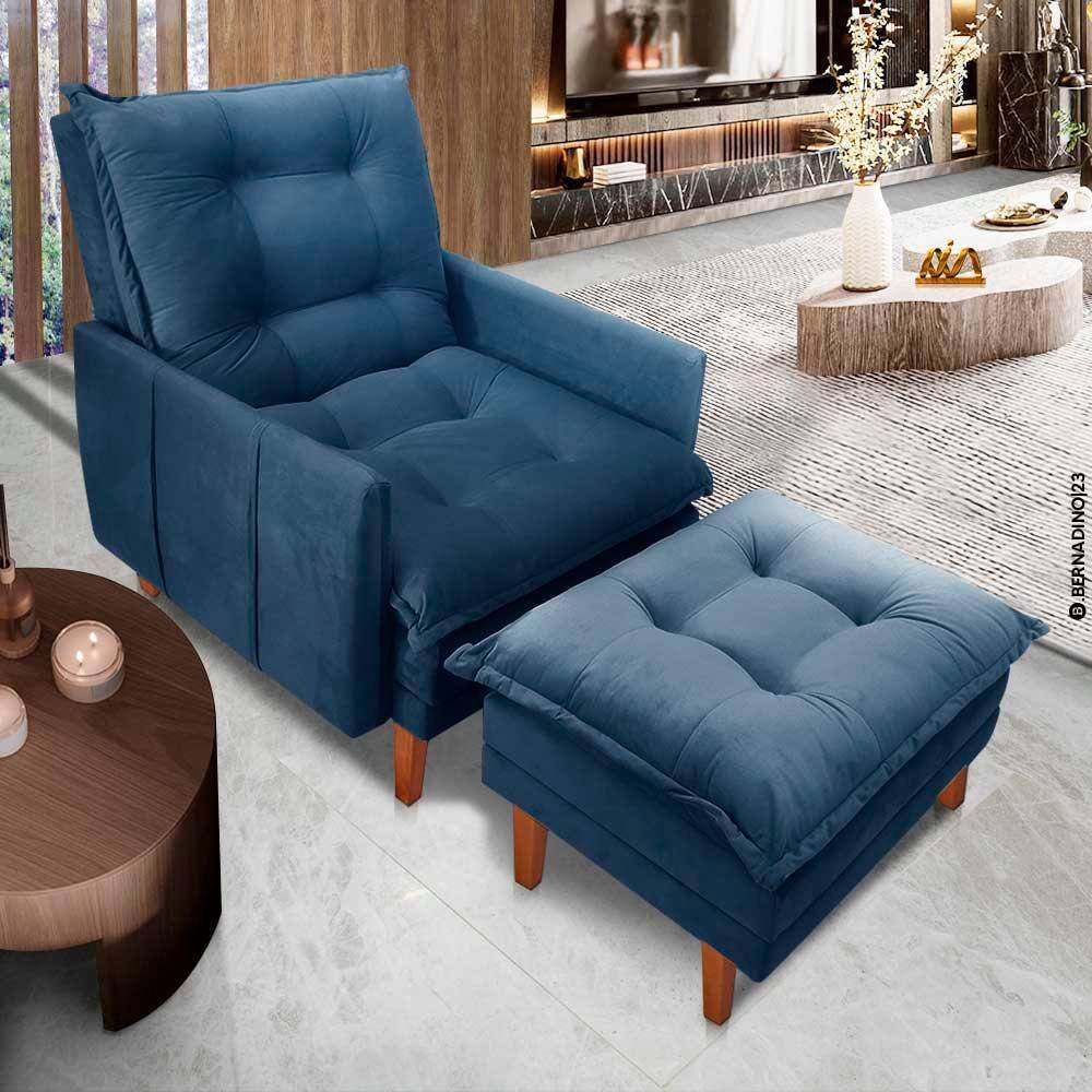 Poltrona Com Puff Veludo Azul Canada Shop JM - Azul Marinho