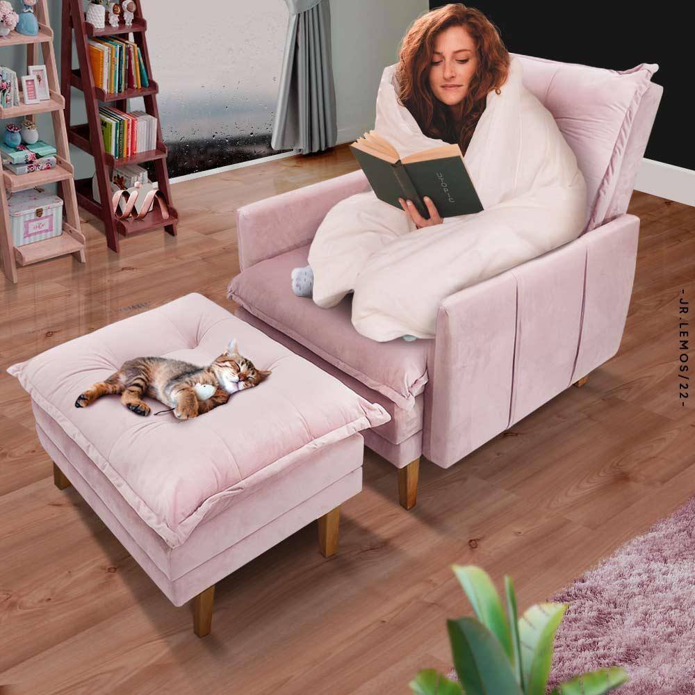 Poltrona Para Leitura Reclinável Com Puff Veludo Rose Polonia Shop JM - Rosê