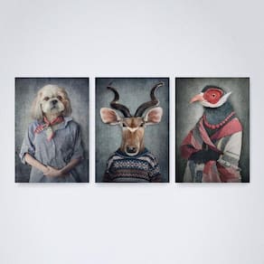 Quadro Decorativo Animais com Roupas de Frio Humanas 30x20cm