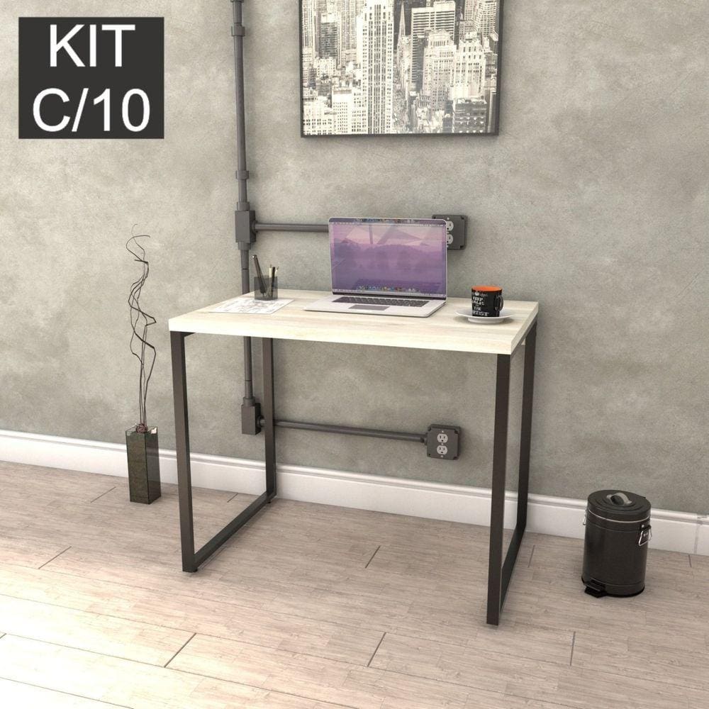 Kit com 10 Escrivaninhas Kuadra 90cm Estilo Industrial Kuadra Snow/Preto