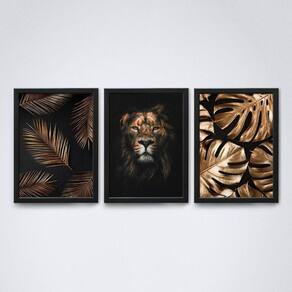 Quadro Leão Dourado e Plantas Douradas 20x30cm Moldura Preta