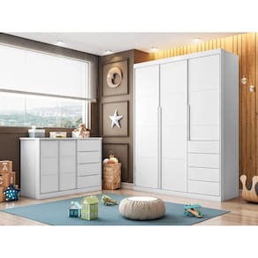 Quarto completo com Guarda Roupa 3 Portas e 4 Gavetas + Cômoda 2 Portas e 4 Gavetas Pérola Branco - Phoenix Baby