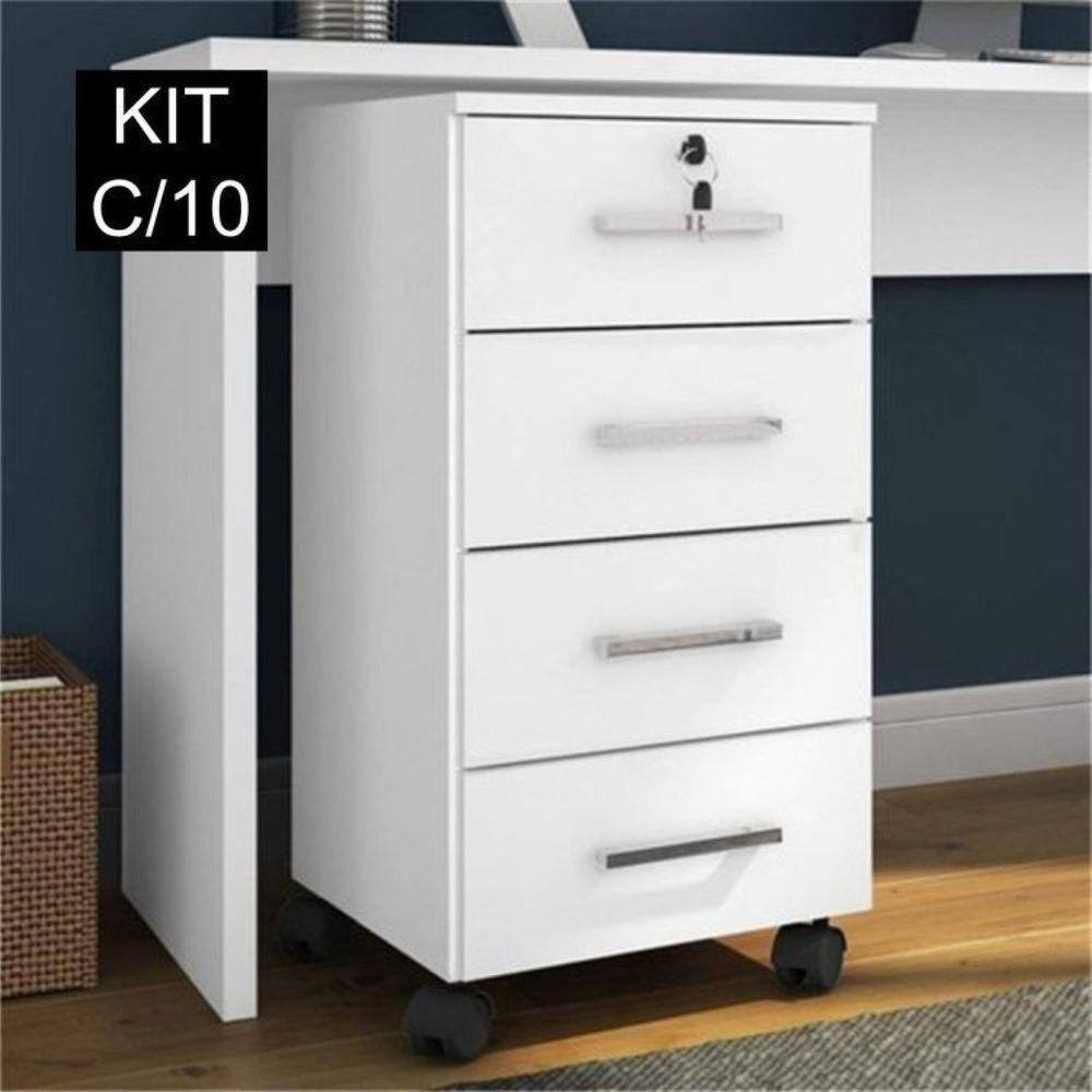 Kit 10 Gaveteiros 4 Gavetas com Rodízios e Chave Gávea Office Branco