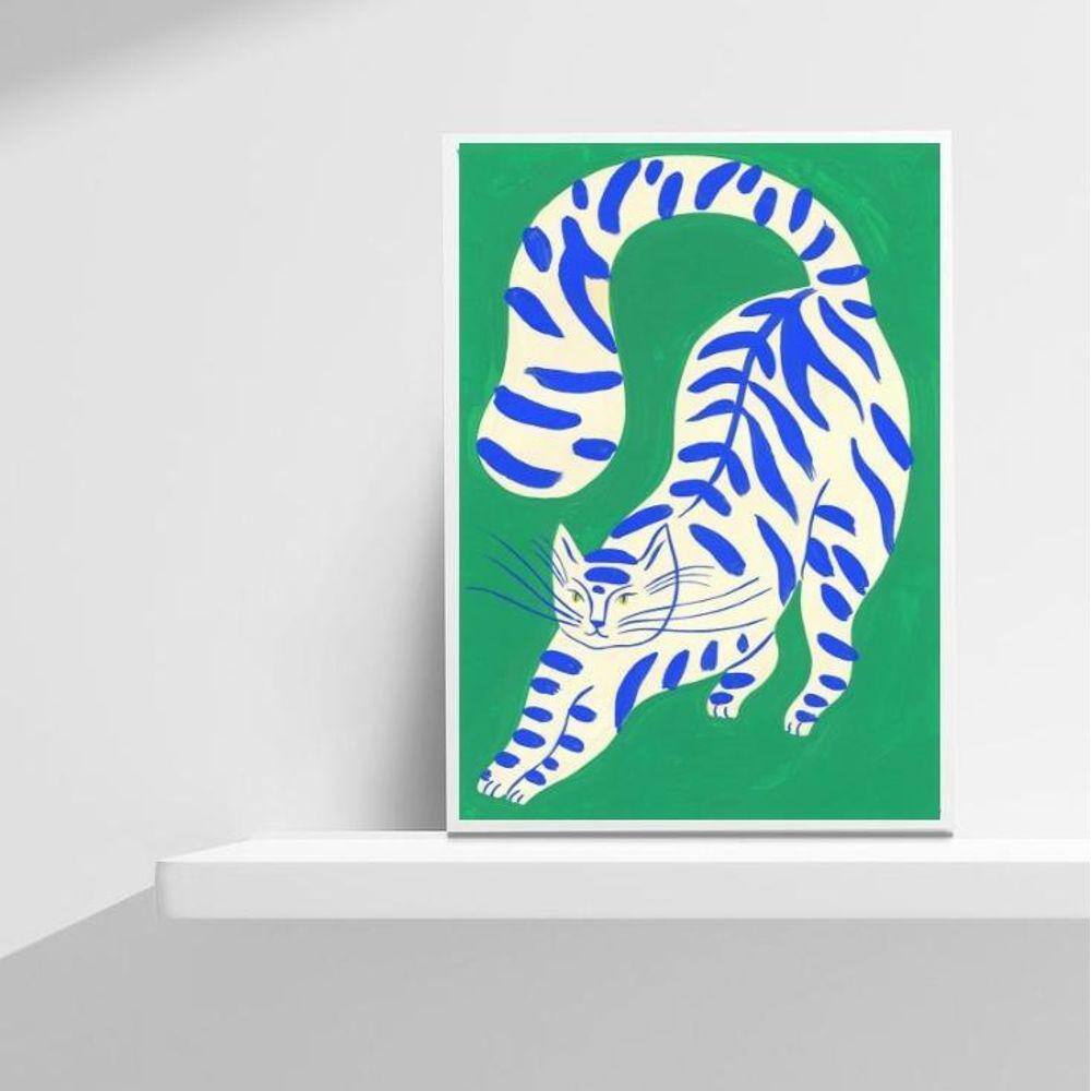 Quadro Abstrato Gato Verde 33x24cm - Moldura Branca